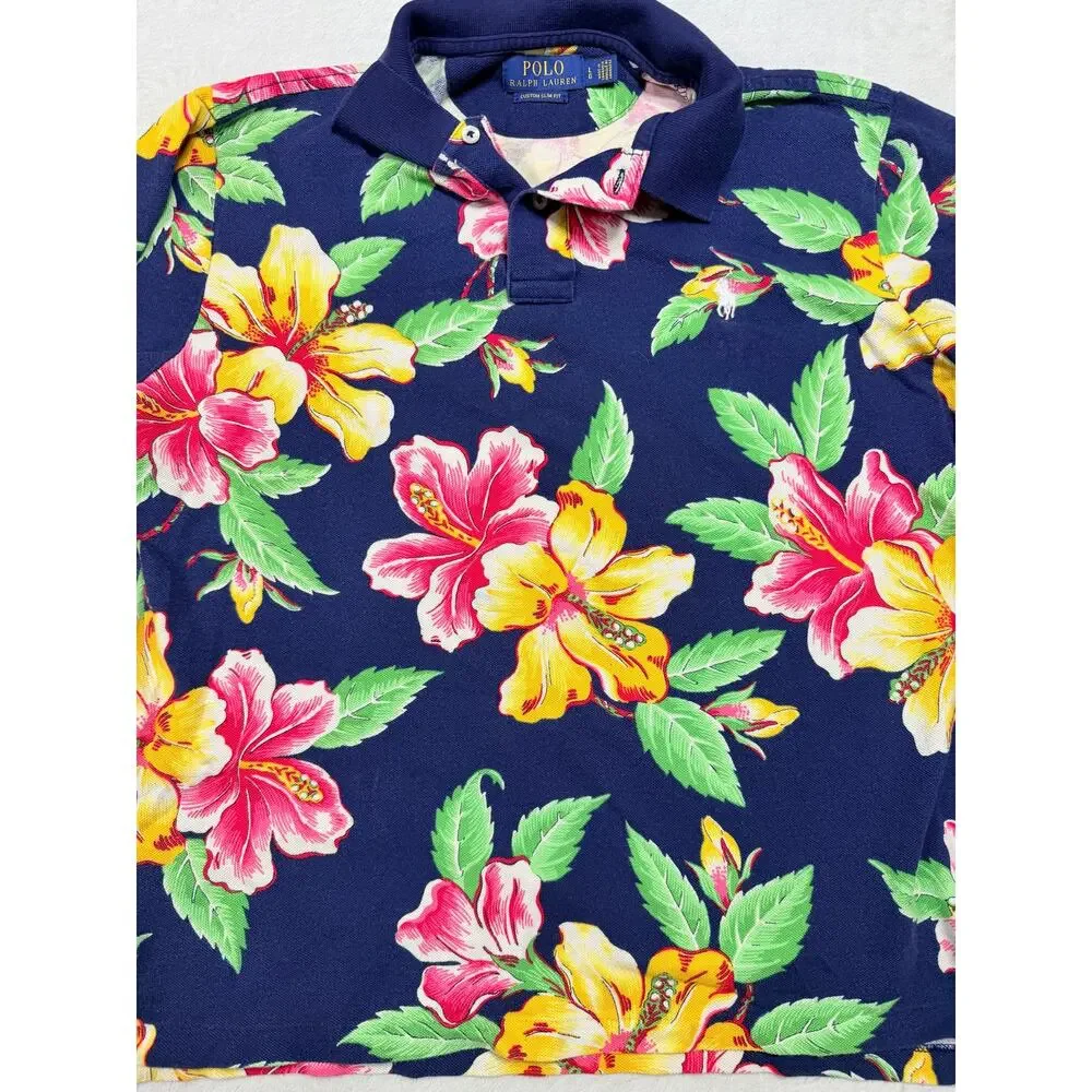 Polo Ralph Lauren Hawaiian Floral Polo Shirt Custom Slim Fit Hibiscus Navy L